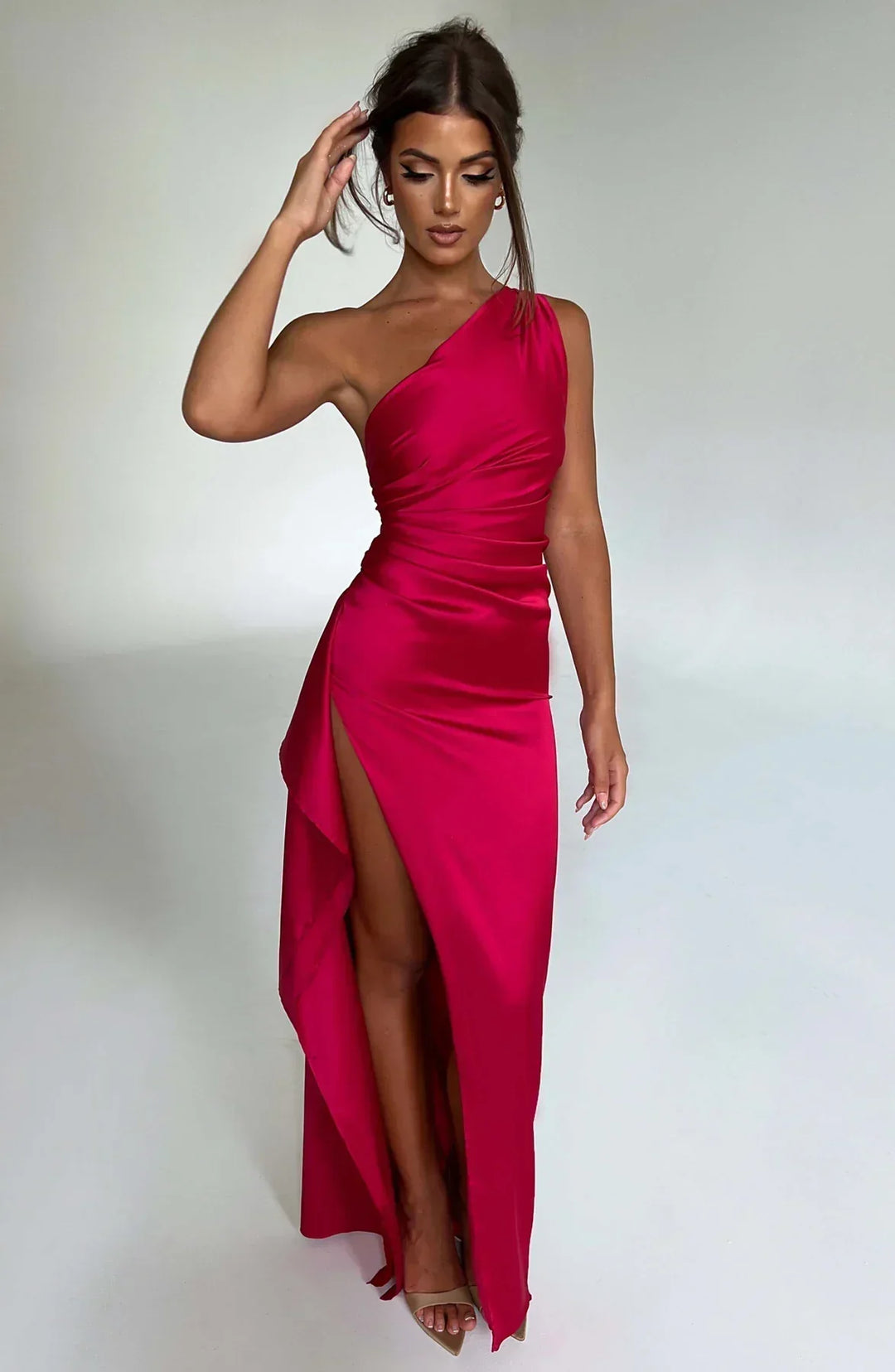 Stylish Satin Dress with Pleats and Shoulder Detail - Selene-Red-XS-The Livary