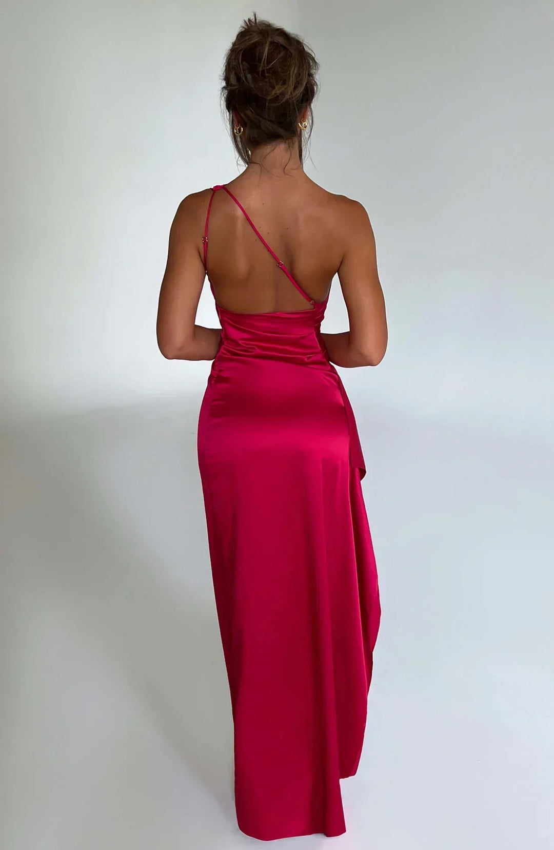 Stylish Satin Dress with Pleats and Shoulder Detail - Selene-Red-XS-The Livary