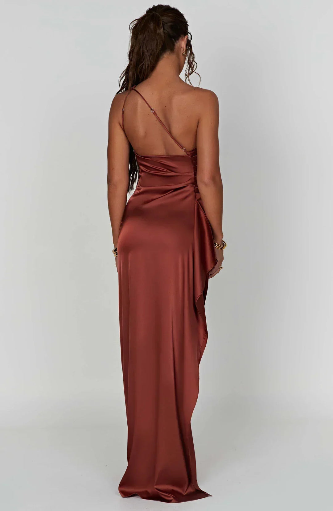Stylish Satin Dress with Pleats and Shoulder Detail - Selene-Red-XS-The Livary