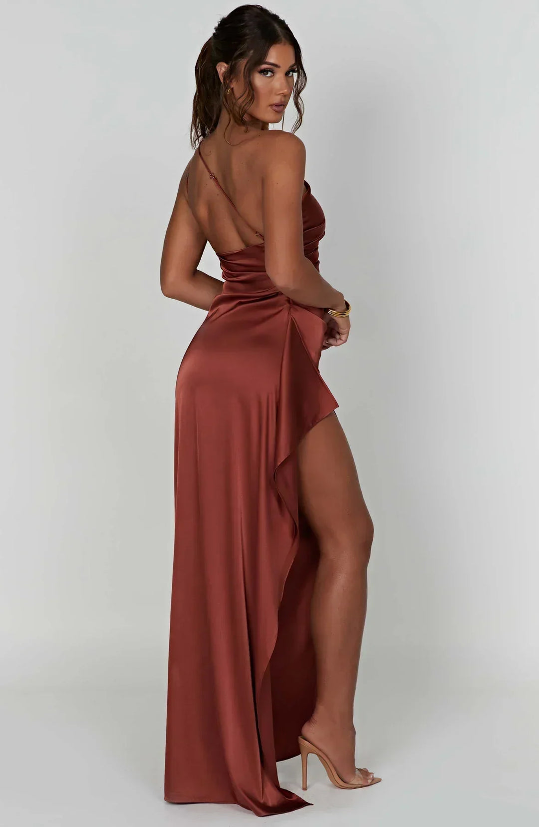Stylish Satin Dress with Pleats and Shoulder Detail - Selene-Red-XS-The Livary