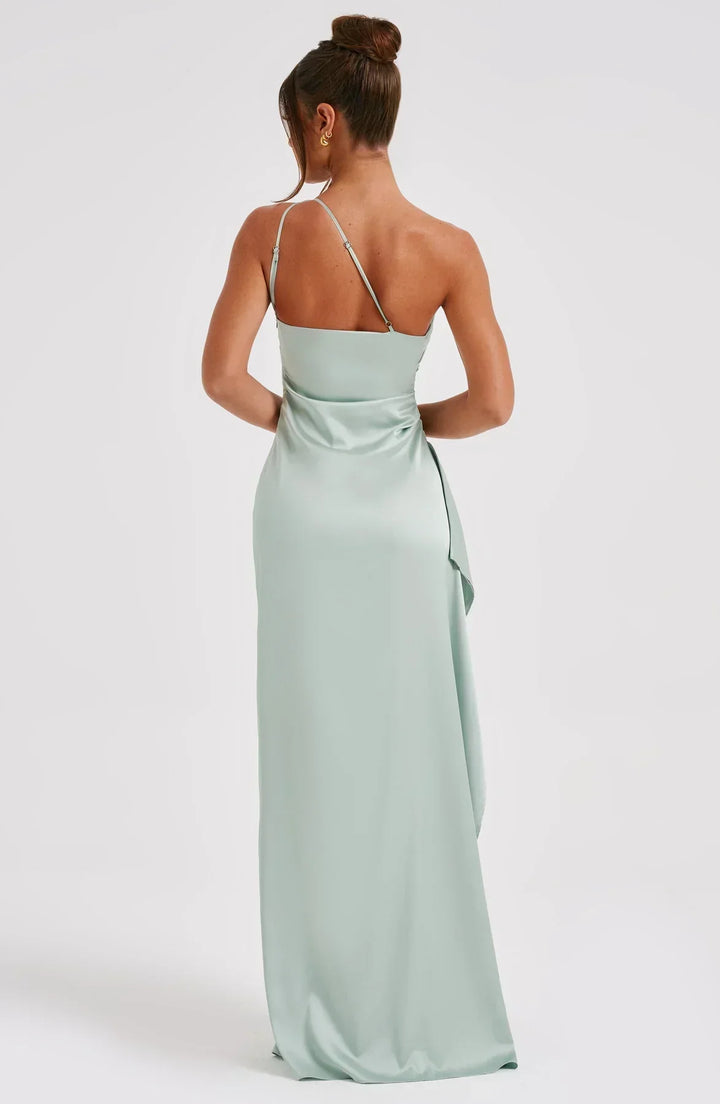 Stylish Satin Dress with Pleats and Shoulder Detail - Selene-Red-XS-The Livary