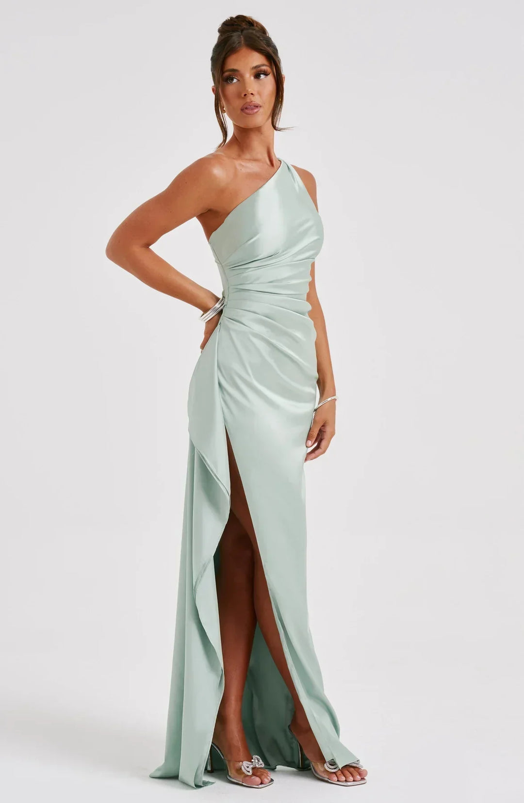 Stylish Satin Dress with Pleats and Shoulder Detail - Selene-Red-XS-The Livary