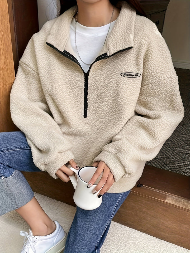 Plain Pullover Sweatshirt with Zipper - Nina-Beige-S-The Livary