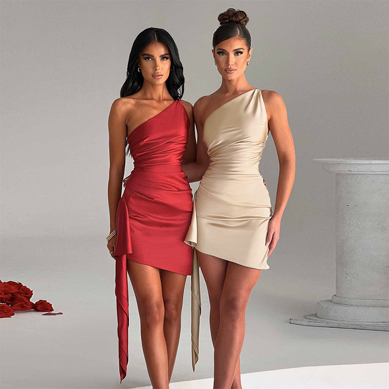 Seductive One-Shoulder Mini Dress – Aurora-Beige-S-The Livary