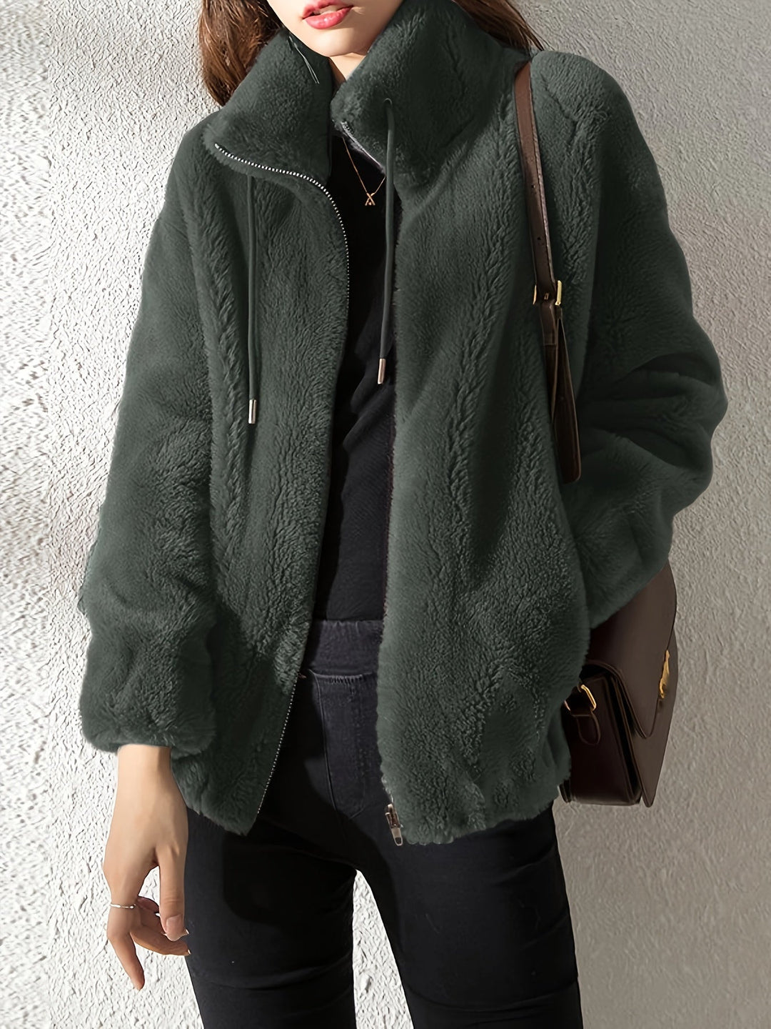 Hooded Teddy Jacket with Drawstring and Zip - Isla-Dark green-S-The Livary
