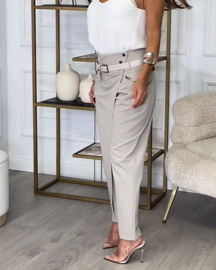 Trendy Ladies Patchwork Trousers with Belt - Liv-Grey-S-The Livary