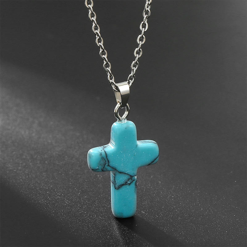 Necklace with Cross of Natural Gemstones - Seraphina-Turquoise-The Livary