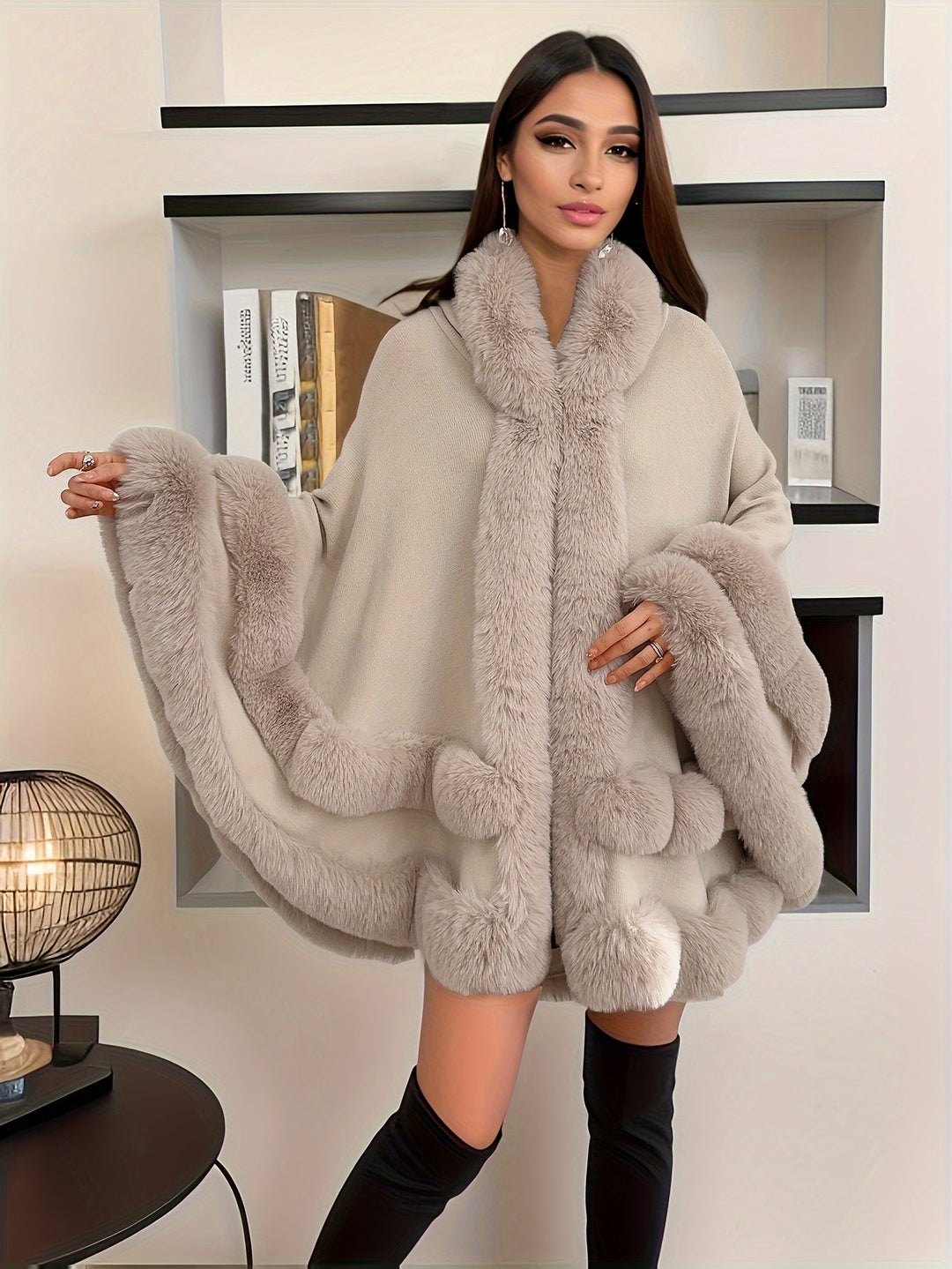 Oversized Furry Cape Jas for Women - Fiona-Khaki-S-The Livary