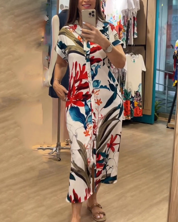 Trendy women's summer dress with print & shirt collar - Flora-S-The Livary