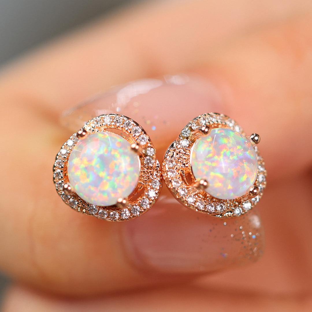 White Opal & Zircon Clover Leaf Earrings - Elara-Blue Opal and Rose Gold-The Livary