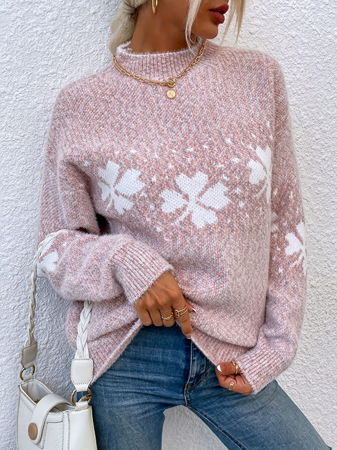 Sweater with Four-leaf Clover Pattern - Maeve-Pink-S-The Livary