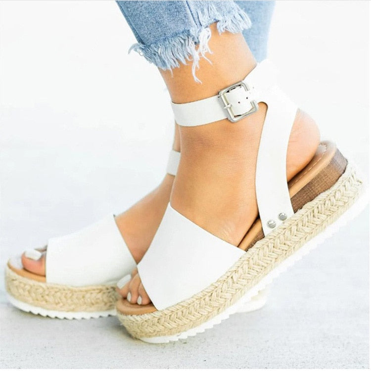 Ladies' wedge espadrille sandals with strap - Livia-White-3-The Livary
