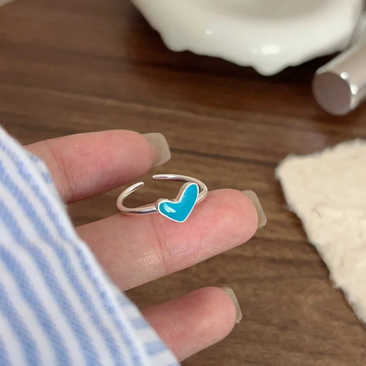 Silver Heart Ring with Blue Drop Detail - Ameline-The Livary
