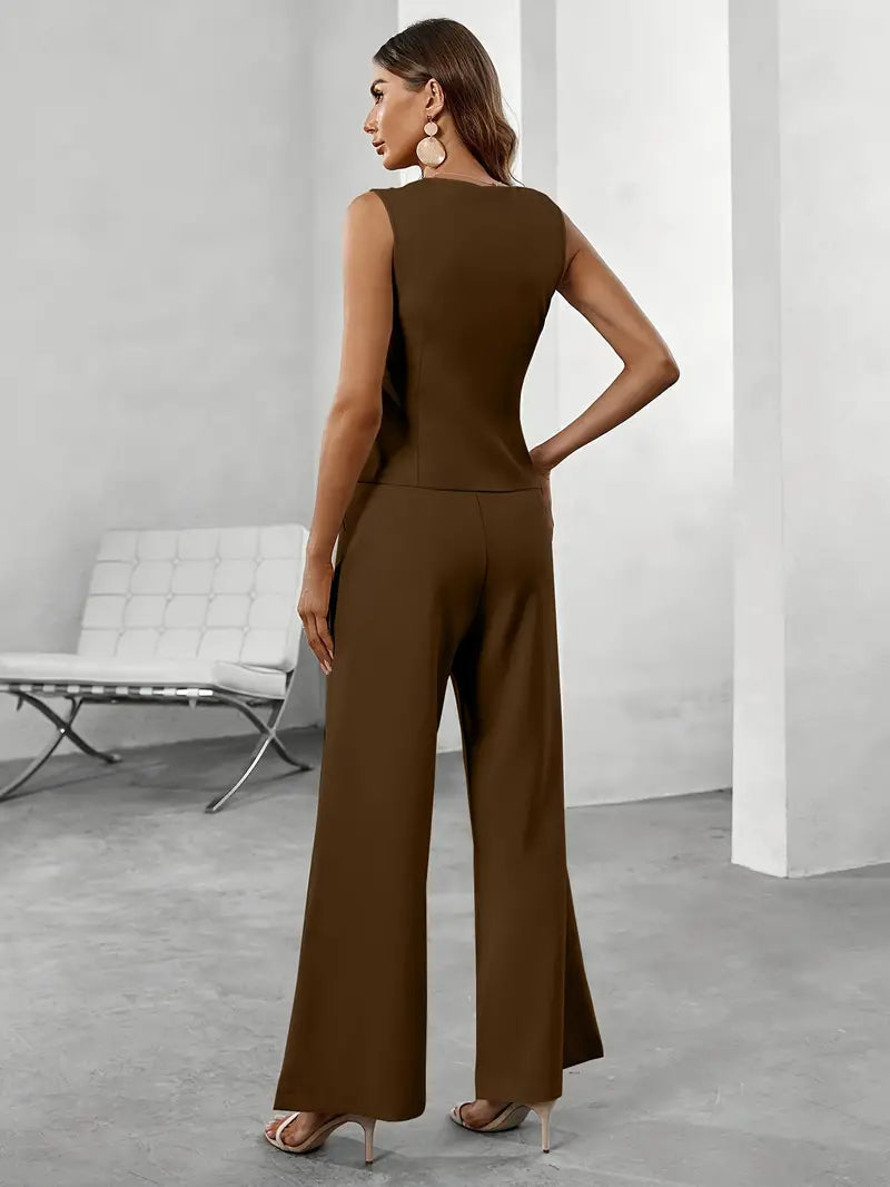 Trendy ladies' trousers suit set with waistcoat & flared trousers – Selina-Beige-XS-The Livary