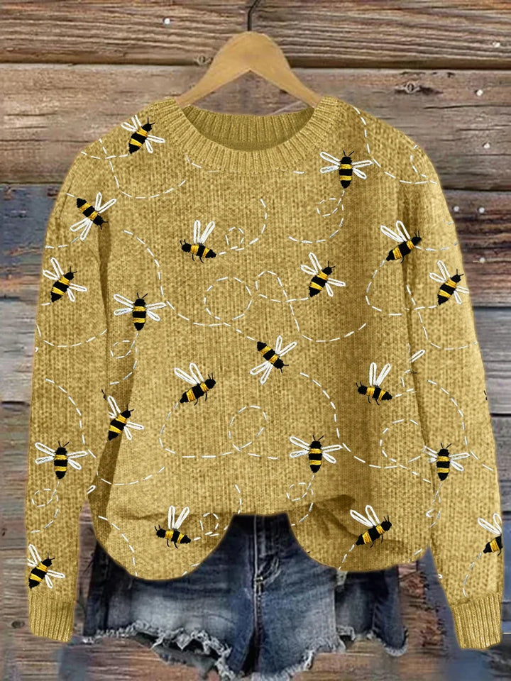 Charming Knitted Sweater with Bee Embroidery Pattern - Marlise-Yellow-S-The Livary