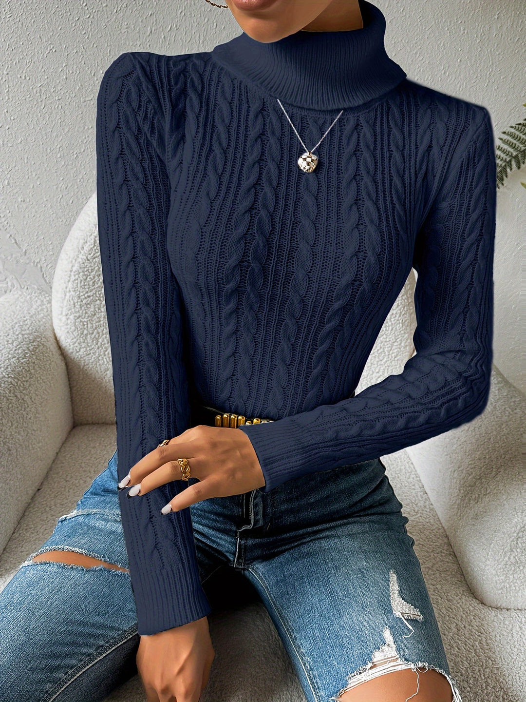 Plain Cable Knit Sweater for Women - Amara-Dark blue-S-The Livary
