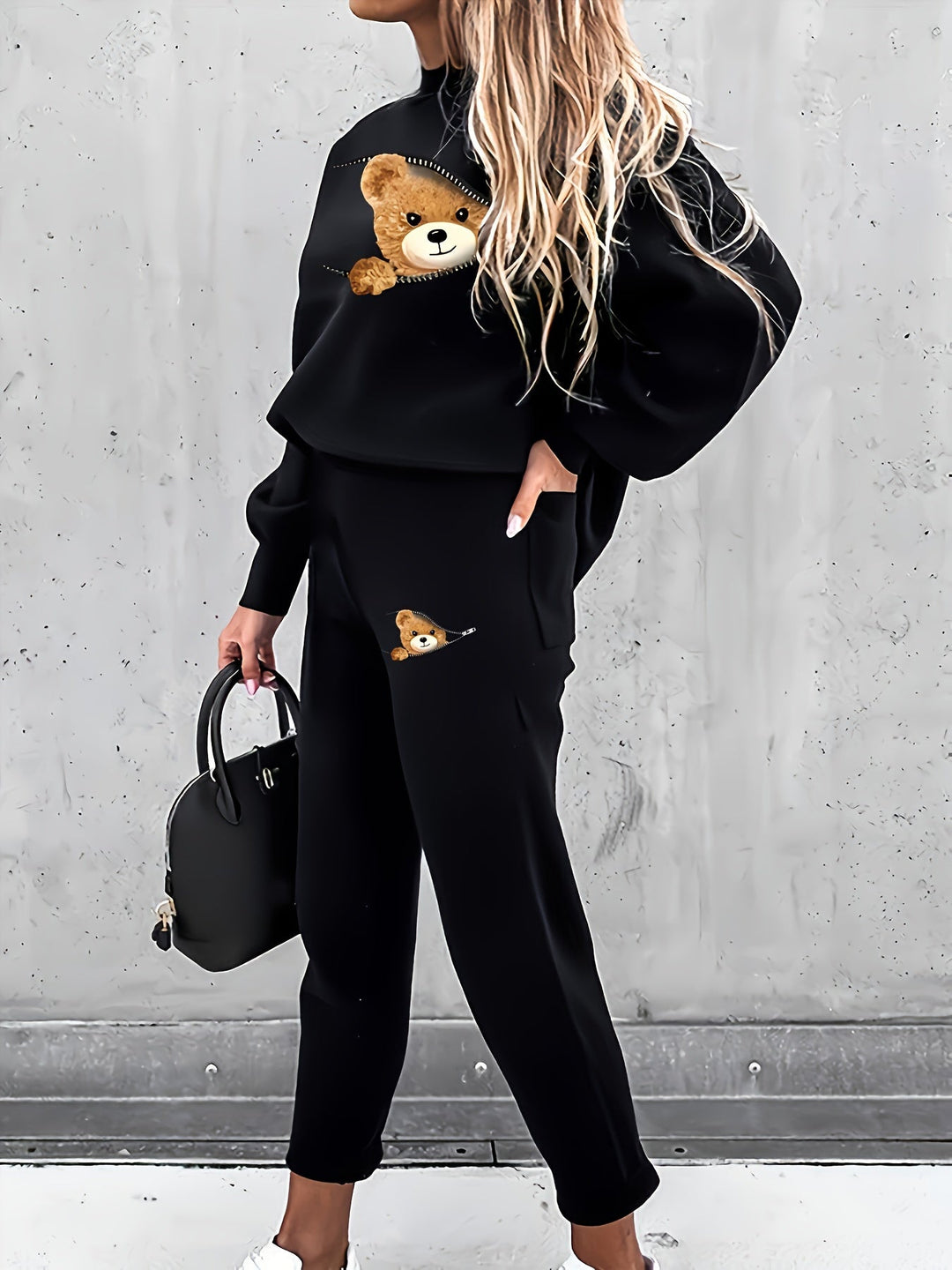 Casual Two-Piece Outfit with Cute Bear Print - Mila-White-S-The Livary