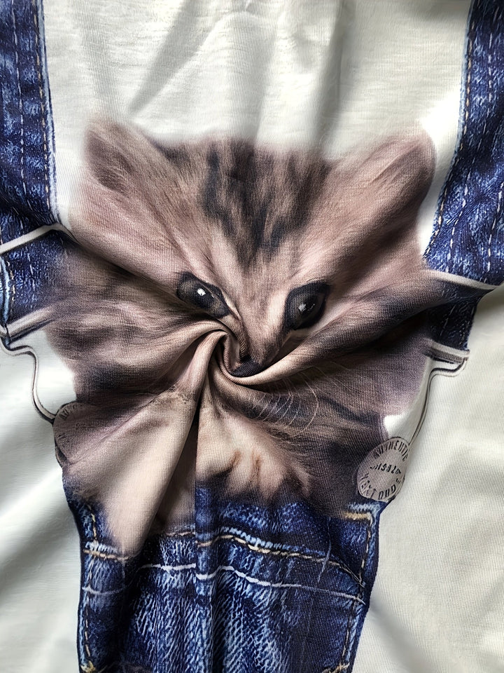 T-shirt with Cat Print and Trendy Colour Block Details - Celeste-S-The Livary