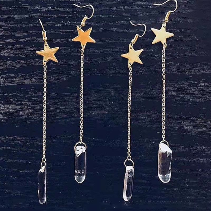 Natural Crystal Moon Stars Earrings - Elara-Clear Quartz and Star-The Livary
