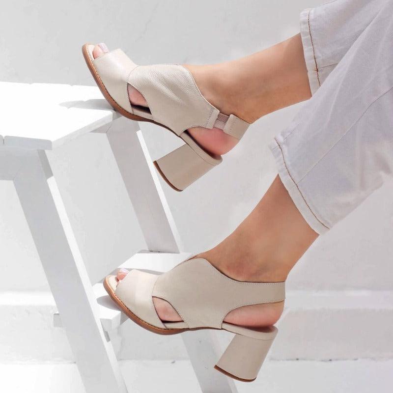 Women’s leather sandals with heel & comfort footbed – Selina-Beige-2.5-The Livary