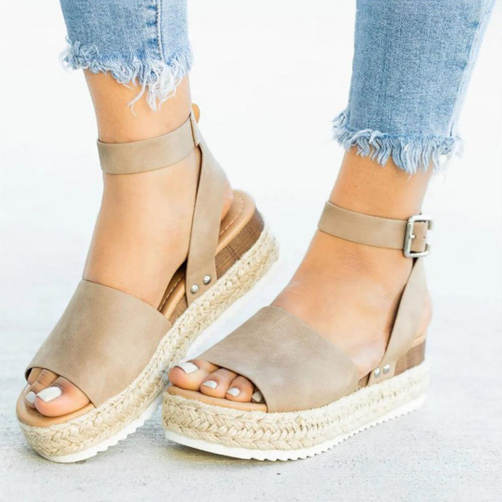 Ladies' wedge espadrille sandals with strap - Livia-Khaki-3-The Livary
