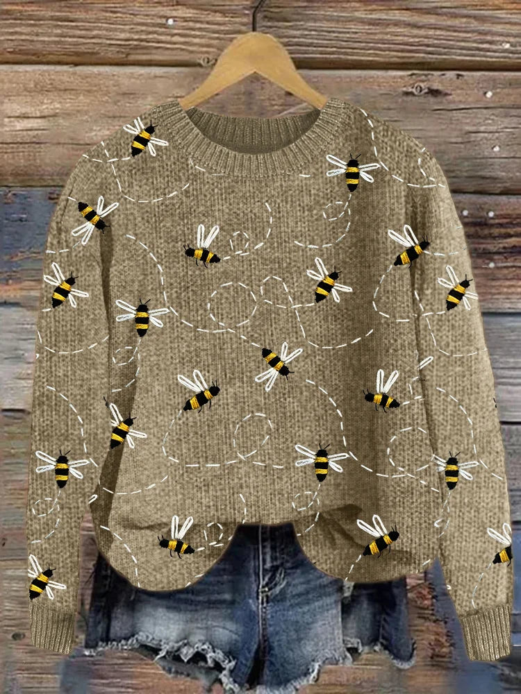 Charming Knitted Sweater with Bee Embroidery Pattern - Marlise-Khaki-S-The Livary