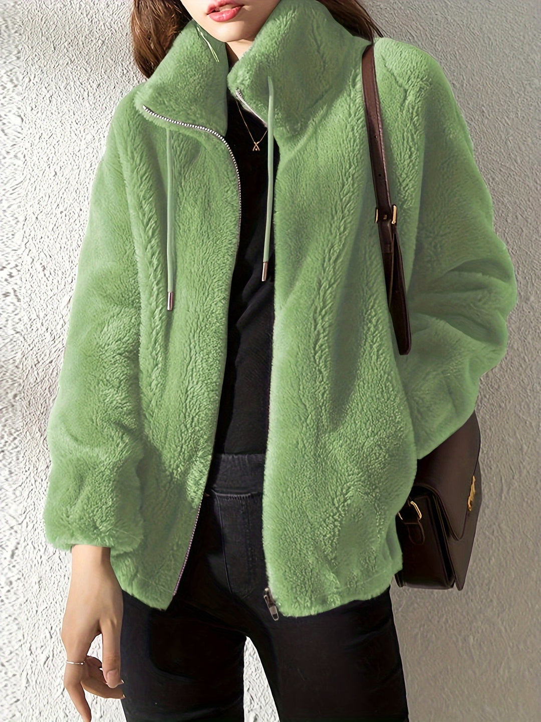 Hooded Teddy Jacket with Drawstring and Zip - Isla-Green-S-The Livary