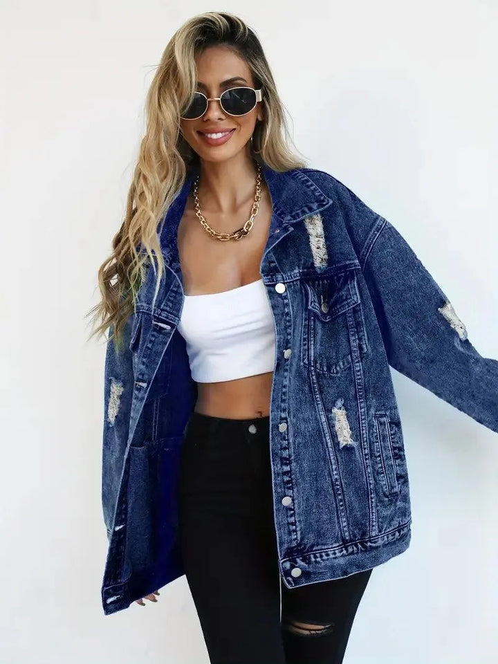 Waterproof & Lined Oversized Women's Denim Jacket with Hood – Talia-Blue-S-The Livary