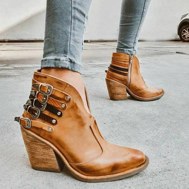 Ladies Ankle Boots with V-Cut and Buckle Detail – Léa-Brown-4.5-The Livary