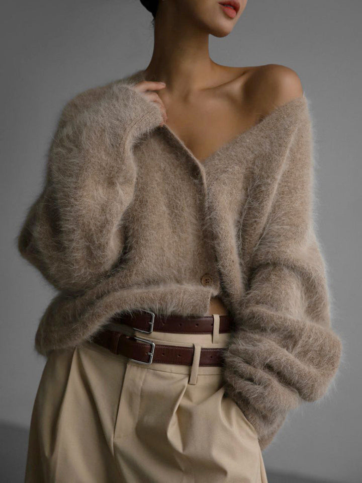 Soft Knitted Women's Cardigan with V-Neck - Sophie-Khaki-S-The Livary