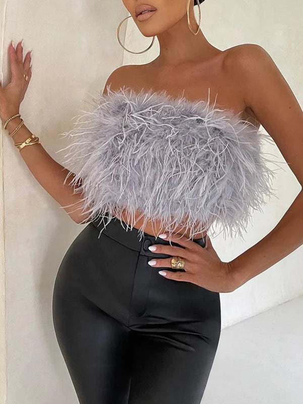 Boho Bandeau Top with Feather Detail – Luna-Grey-S-The Livary