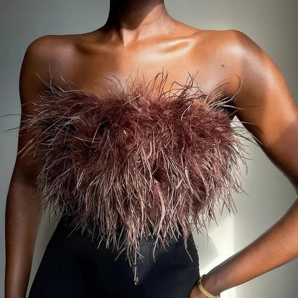 Boho Bandeau Top with Feather Detail – Luna-Brown-S-The Livary