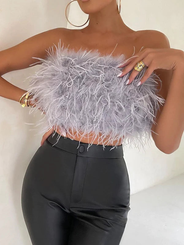 Boho Bandeau Top with Feather Detail – Luna-Grey-S-The Livary