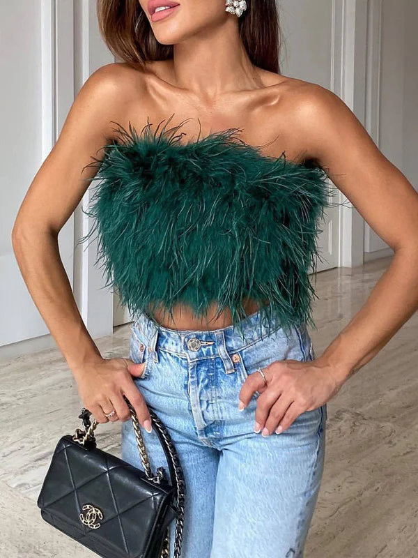 Boho Bandeau Top with Feather Detail – Luna-Dark green-S-The Livary