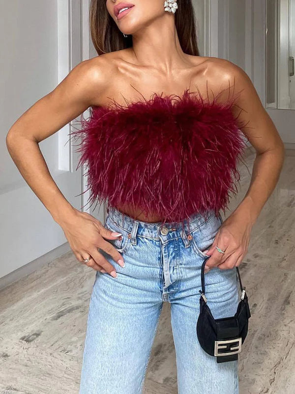 Boho Bandeau Top with Feather Detail – Luna-Dark red-S-The Livary
