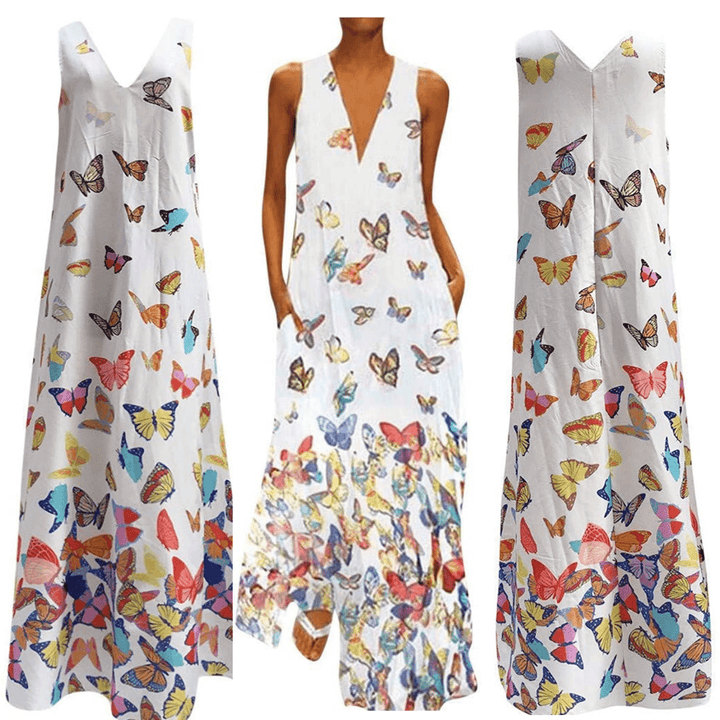 Trendy Sleeveless Maxi Summer Dress with Butterfly Print – Malia-White-S-The Livary