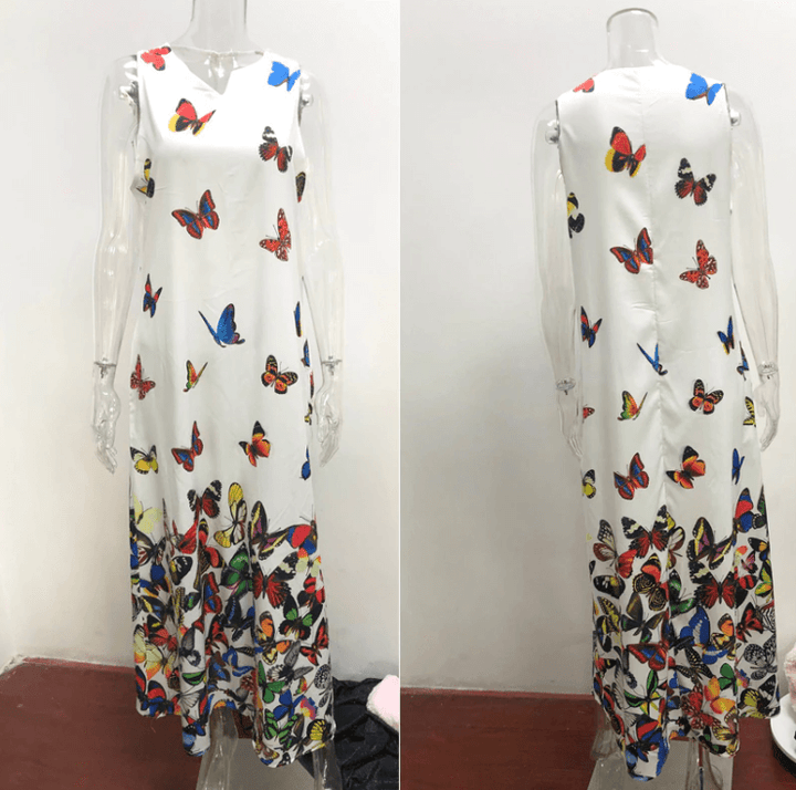 Trendy Sleeveless Maxi Summer Dress with Butterfly Print – Malia-White-S-The Livary