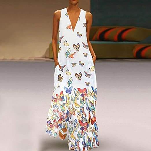 Trendy Sleeveless Maxi Summer Dress with Butterfly Print – Malia-White-S-The Livary