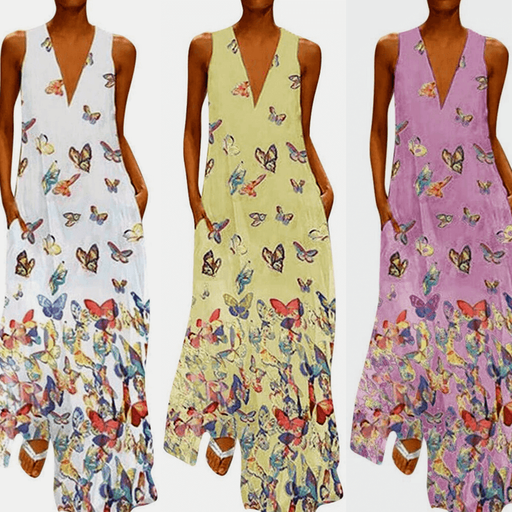 Trendy Sleeveless Maxi Summer Dress with Butterfly Print – Malia-White-S-The Livary