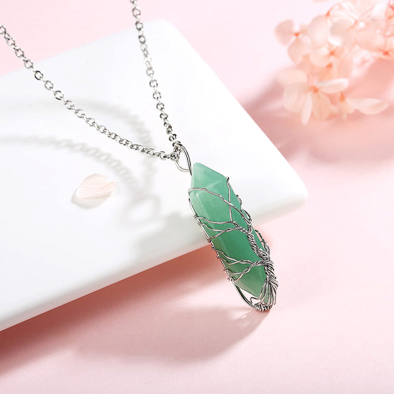 Stylish Crystal with Tree of Life Gemstone Necklace - Elara-Green Aventurine-The Livary