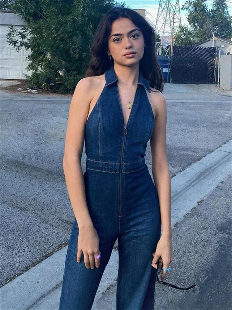 Breathable & Stylish Denim Jumpsuit with V-Neck for Women – Fenja-S-The Livary