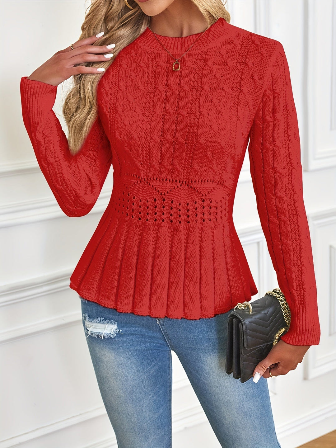 Chunky Cable Knit Sweater with Round Neck - Elena-Red-S-The Livary