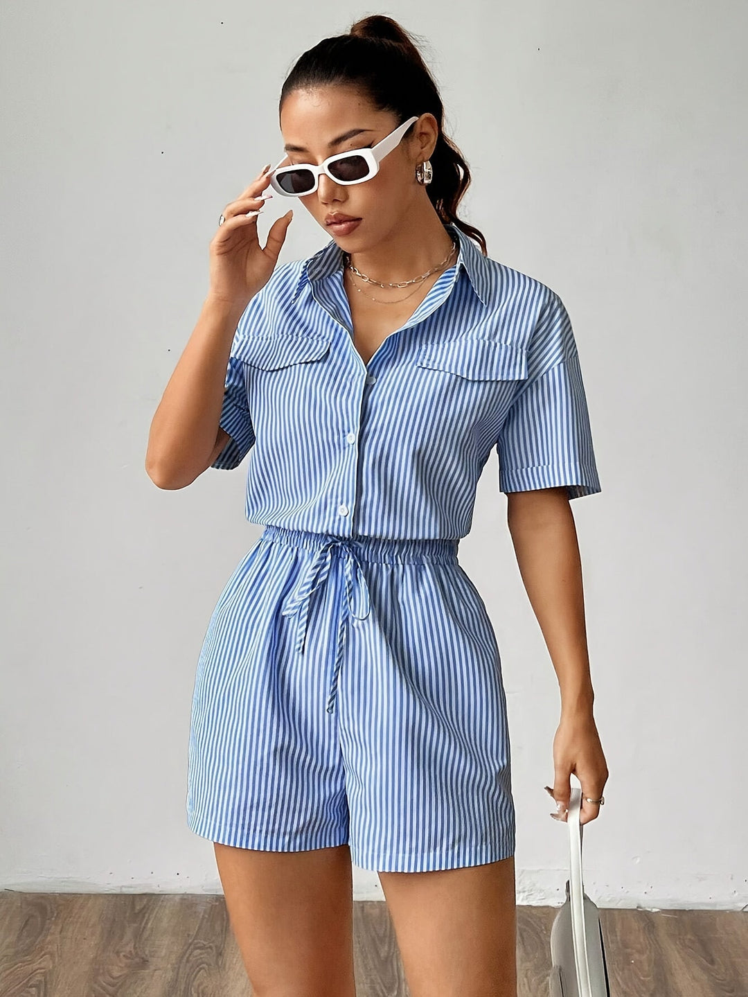Trendy women's jumpsuit with short sleeves for summer - StripeFresh-S-The Livary