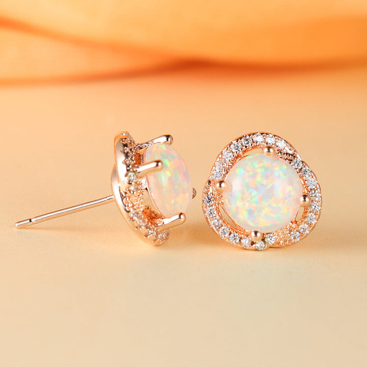 White Opal & Zircon Clover Leaf Earrings - Elara-Blue Opal and Rose Gold-The Livary
