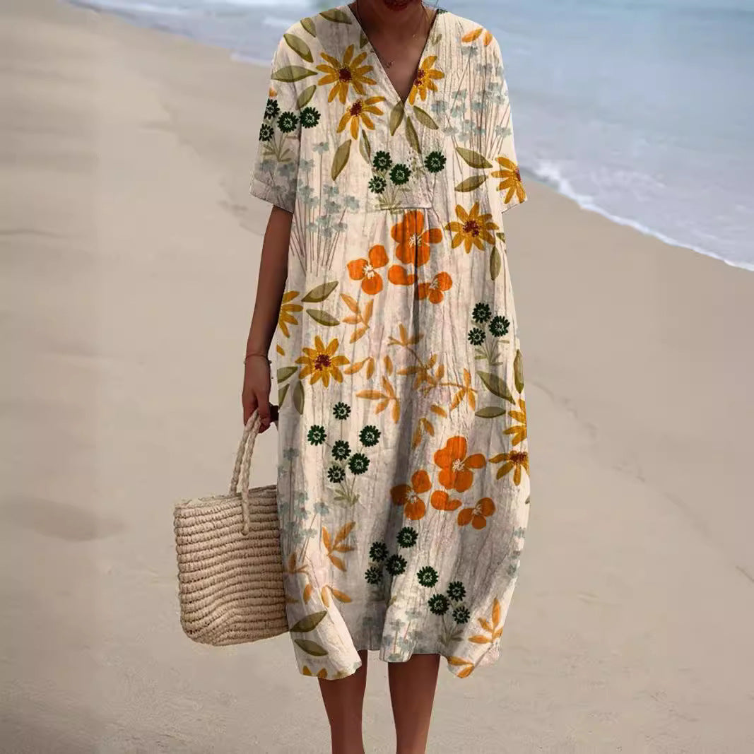 Light summer flower dress for women with V-neck and comfortable cut – Talia-Flowers-S-The Livary