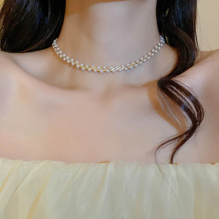 Double Crystals and Pearls Necklace - Amira-Black Crystal-The Livary