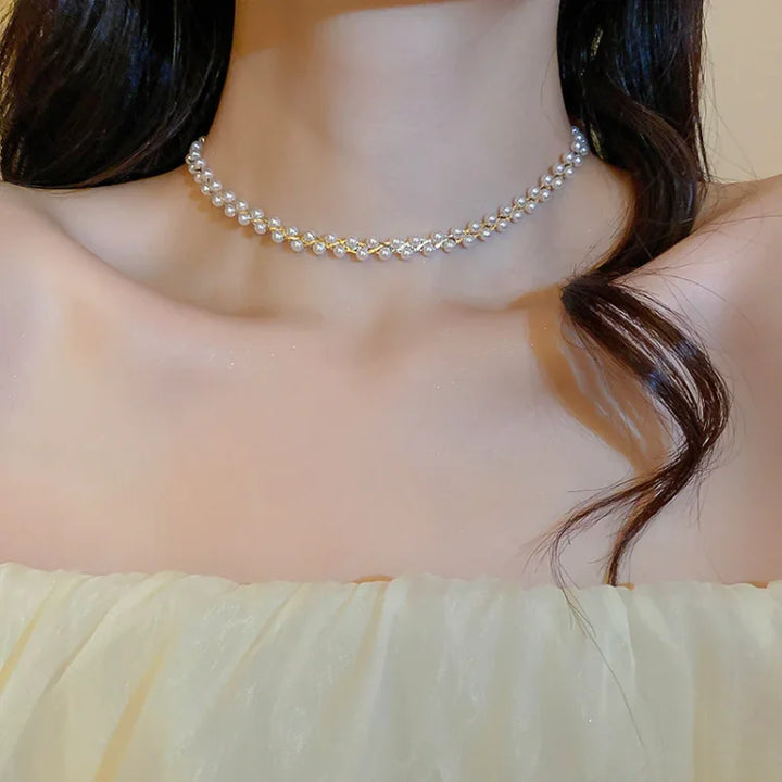 Double Crystals and Pearls Necklace - Amira-Black Crystal-The Livary