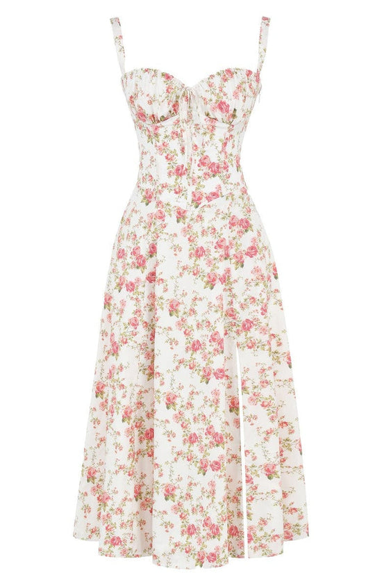 Floral Maxi Dress with Waist Definition - Fleur-Rose blossom-S-The Livary