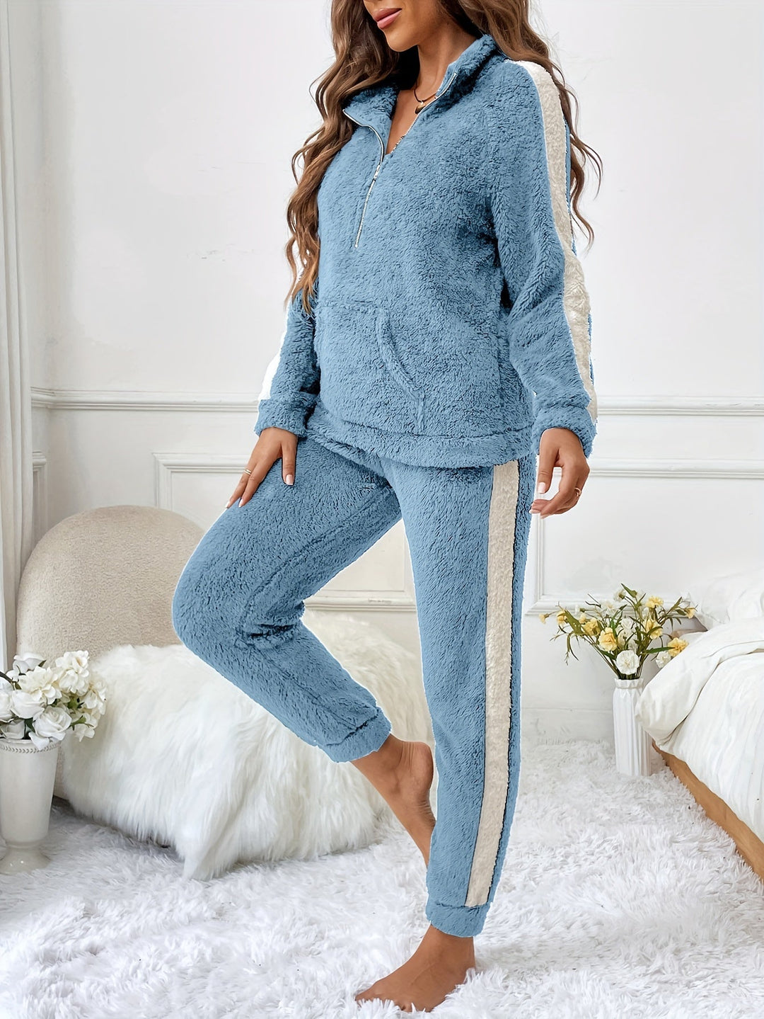 Soft Plush Lounge Pyjama Set with Colour Accents - Lyra-Light blue-S-The Livary