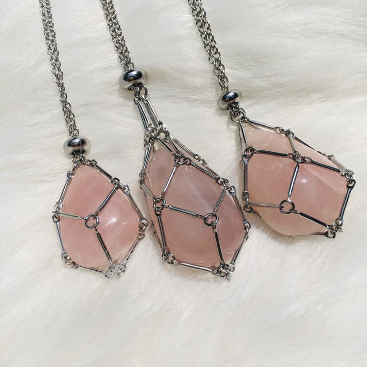 Small Natural Crystal Stone Bracelet Necklace - Iris-Rose quartz-Silver-The Livary